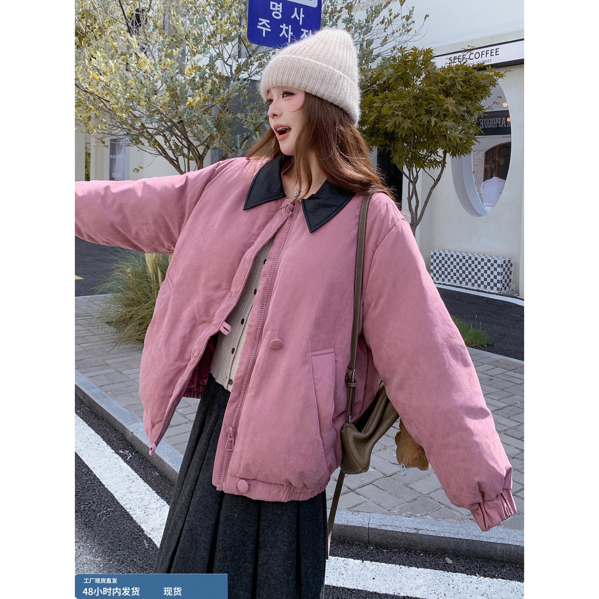 韩版学院风加厚棒球羽绒服女2025冬季新款拼接PU皮翻领白鸭绒外套