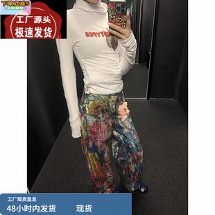 美式复古水洗泼墨油画调色盘牛仔裤子女2025夏辣妹3D彩印拖地长裤