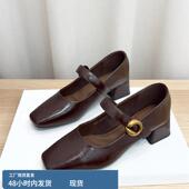 软皮配裙子粗高跟浅口单鞋 2025秋新款 女鞋 方头一字带扣玛丽珍鞋