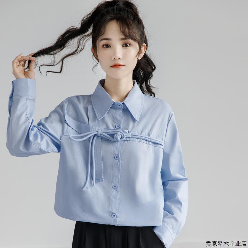 韩国2025春季新款蓝色长袖衬衫女春秋蝴蝶结衬衣设计感小众上衣潮