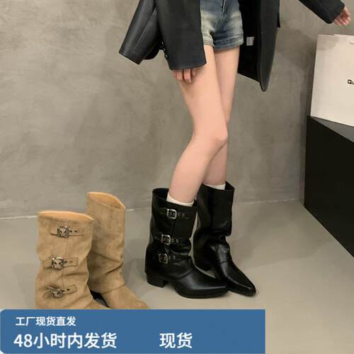 高跟卡其色显瘦中筒骑士