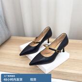 黑色职业工作鞋 法式 气质单鞋 女细跟2025春新款 一字带扣尖头高跟鞋