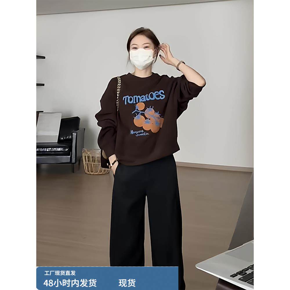 小个子咖色印花套头正肩卫衣女秋冬季美式慵懒chic设计感宽松上衣