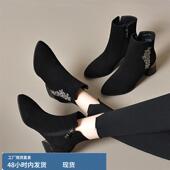 真皮尖头粗跟短靴女2024秋冬新款 中跟软底百搭单靴磨砂羊皮马丁靴