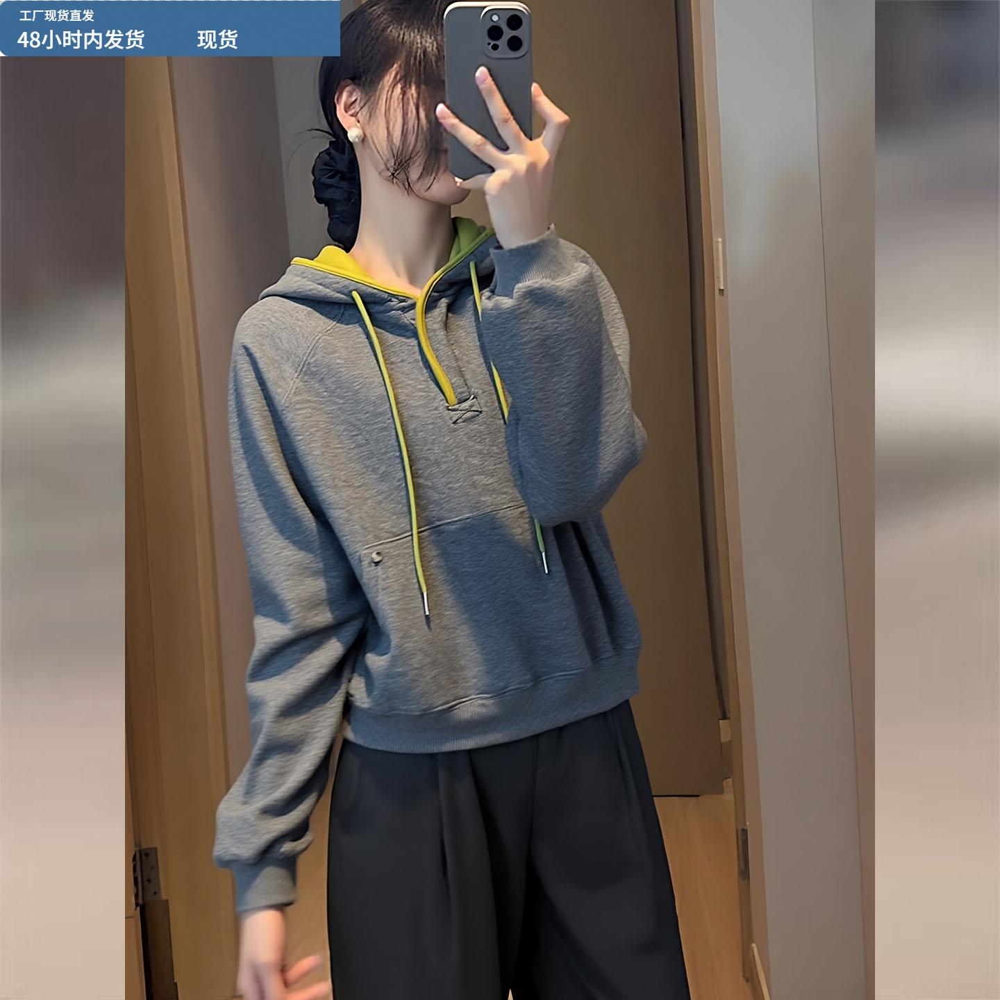 撞色连帽卫衣女款2025冬季新款加绒加厚保暖宽松休闲套头帽衫上衣