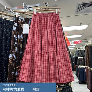 简约宽松中长款 裙1702M 新款 复古风红色格子A字半身裙女2026春季