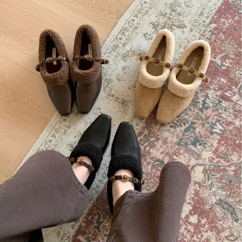 2025冬新款小方头保暖棉鞋一字扣带加绒羊羔毛毛鞋子女