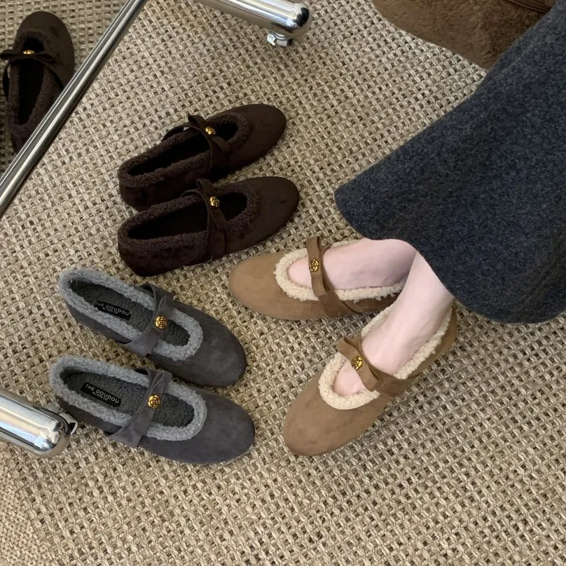 2025新款圆头蝴蝶结加绒保暖玛丽珍复古芭蕾毛毛女棉鞋