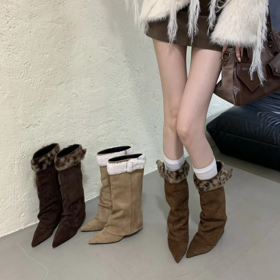 欧美秋冬保暖毛靴女靴超高跟系带拼色侧拉链显瘦高筒靴