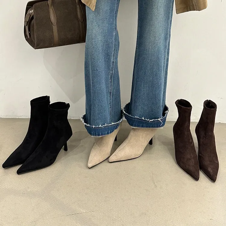 尖头靴子短靴女2025秋冬季女靴新款加绒短筒靴马丁靴高跟鞋瘦瘦靴