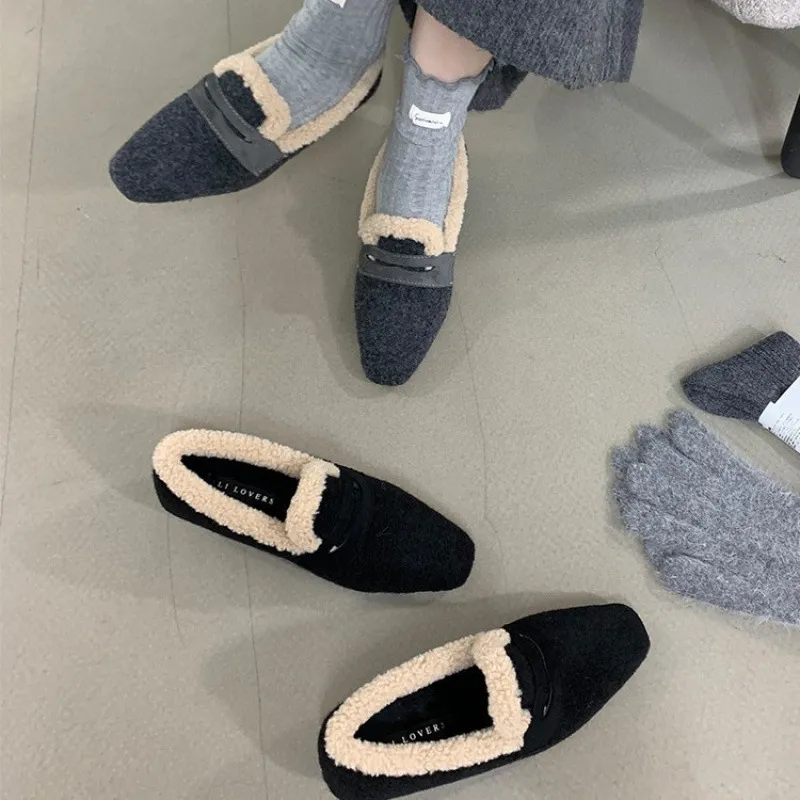 加绒单鞋女2025新款冬季配裙子女鞋绒面低跟鞋子方头浅口玛丽珍鞋