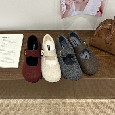 内增高复古毛呢水钻毛毛鞋单鞋女2025秋冬新款配裙子加绒玛丽珍鞋
