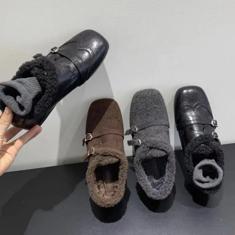 内增高小皮鞋厚底加绒乐福鞋子女秋冬毛毛鞋保暖加厚棉鞋方头单鞋