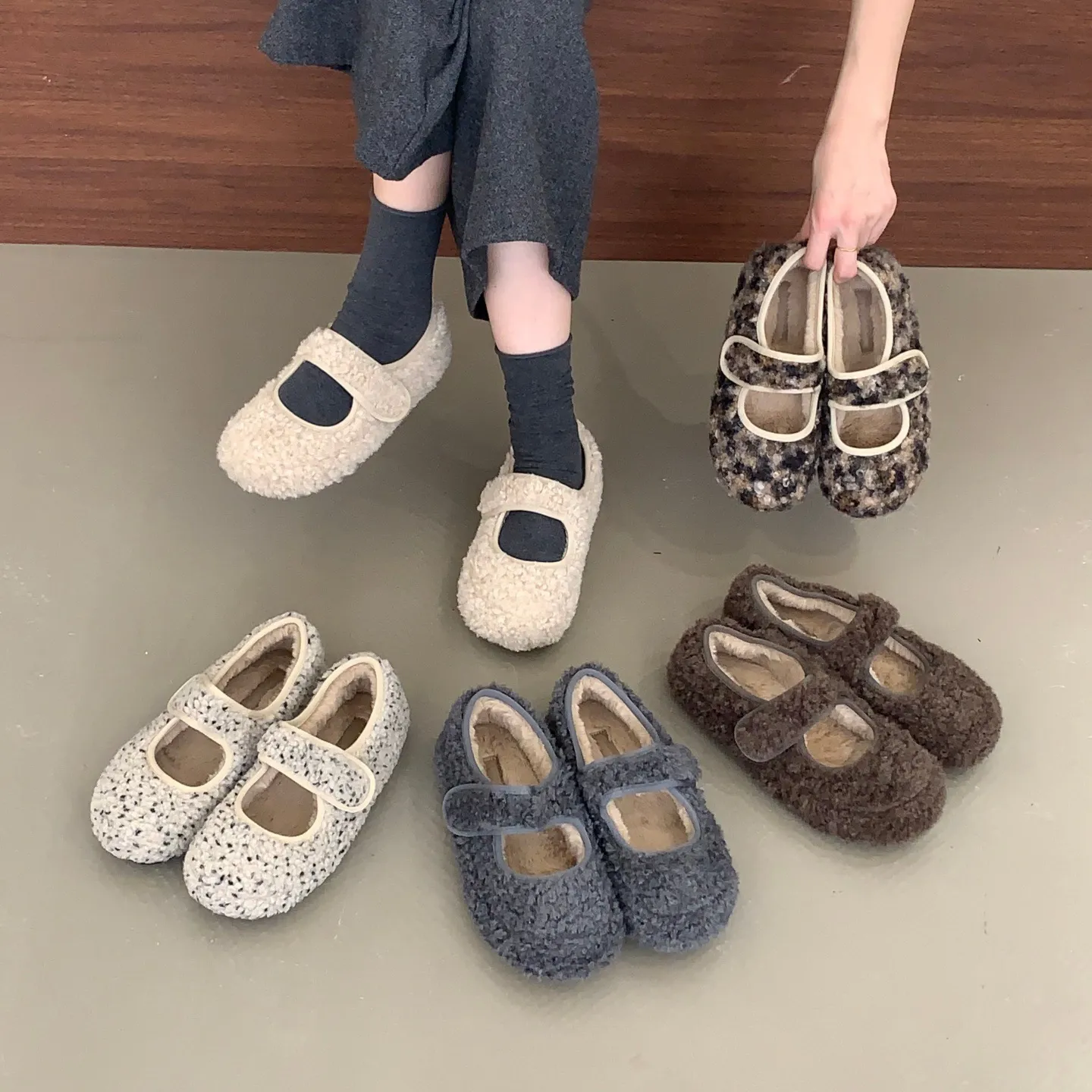 2025秋冬配裙子保暖加绒玛丽珍鞋毛毛鞋平底豹纹单鞋棉鞋法式软底