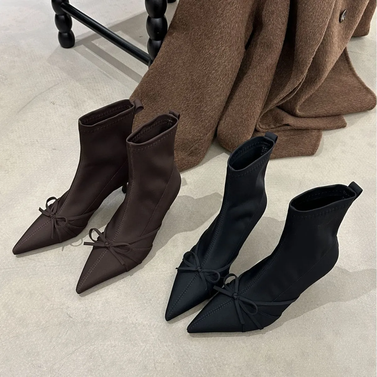 高跟靴尖头蝴蝶结短靴女欧美2025秋冬新款靴子春秋单靴瘦瘦女靴子