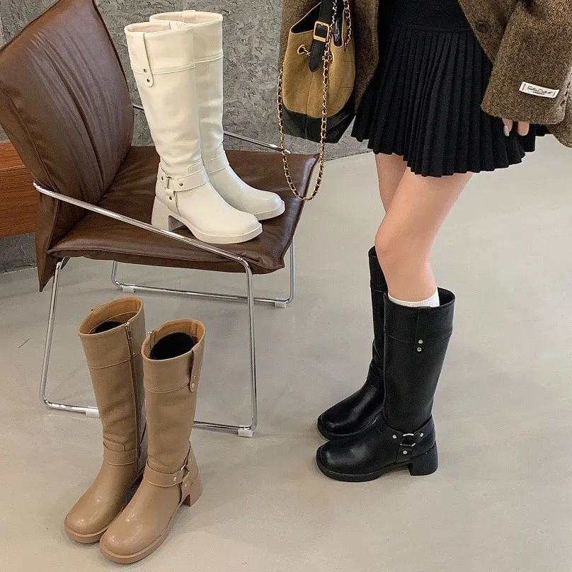 2025新款方头粗低跟小众显瘦长靴英伦风骑士靴不过膝百搭时装单靴