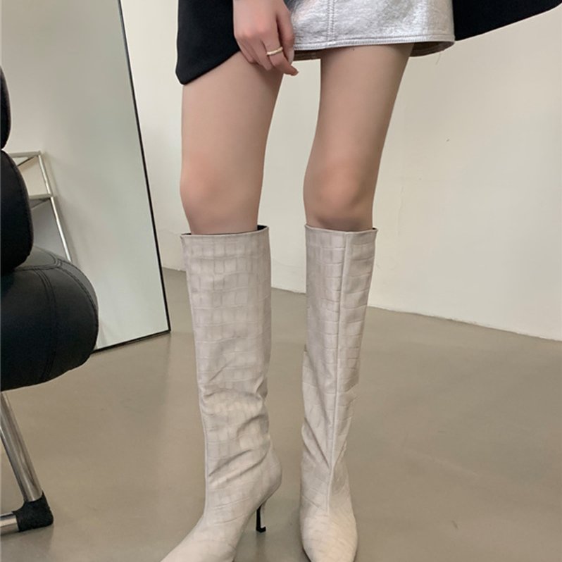 2025新款Mona同款方头高跟白色骑士靴鳄纹高筒欧美不过膝长靴子