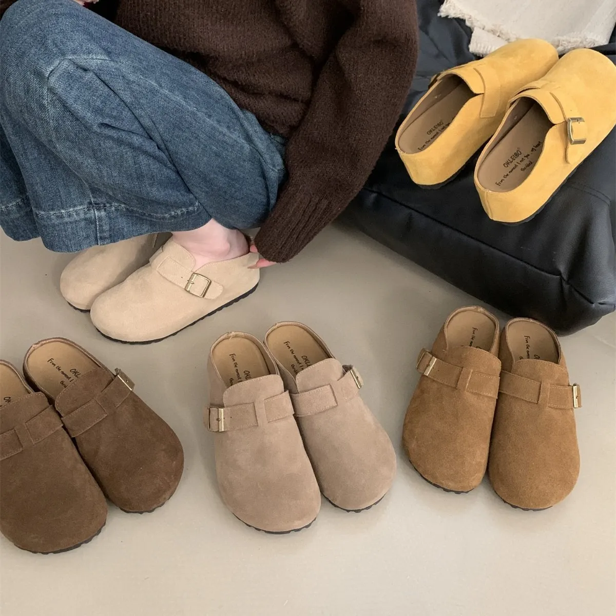 小个子内增高7CM~鞋女春秋新款复古坡跟厚底半拖鞋女外穿显高