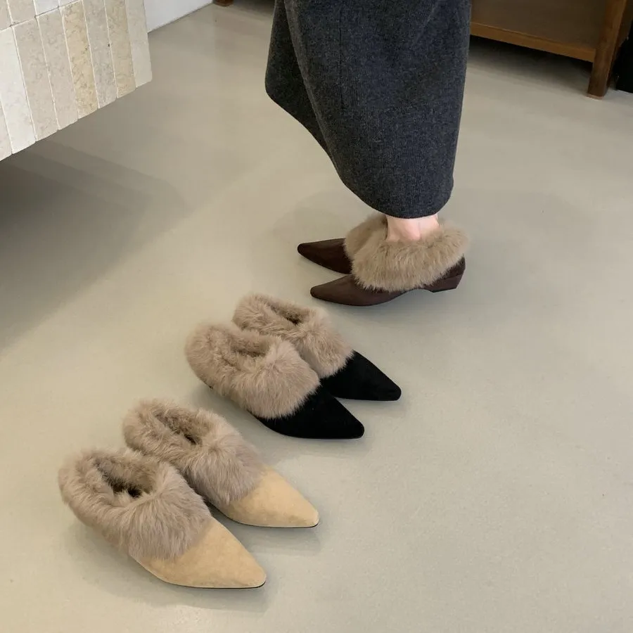 2025秋冬新款小猫跟尖头毛毛半拖鞋外穿包头真毛小矮跟穆勒包头拖