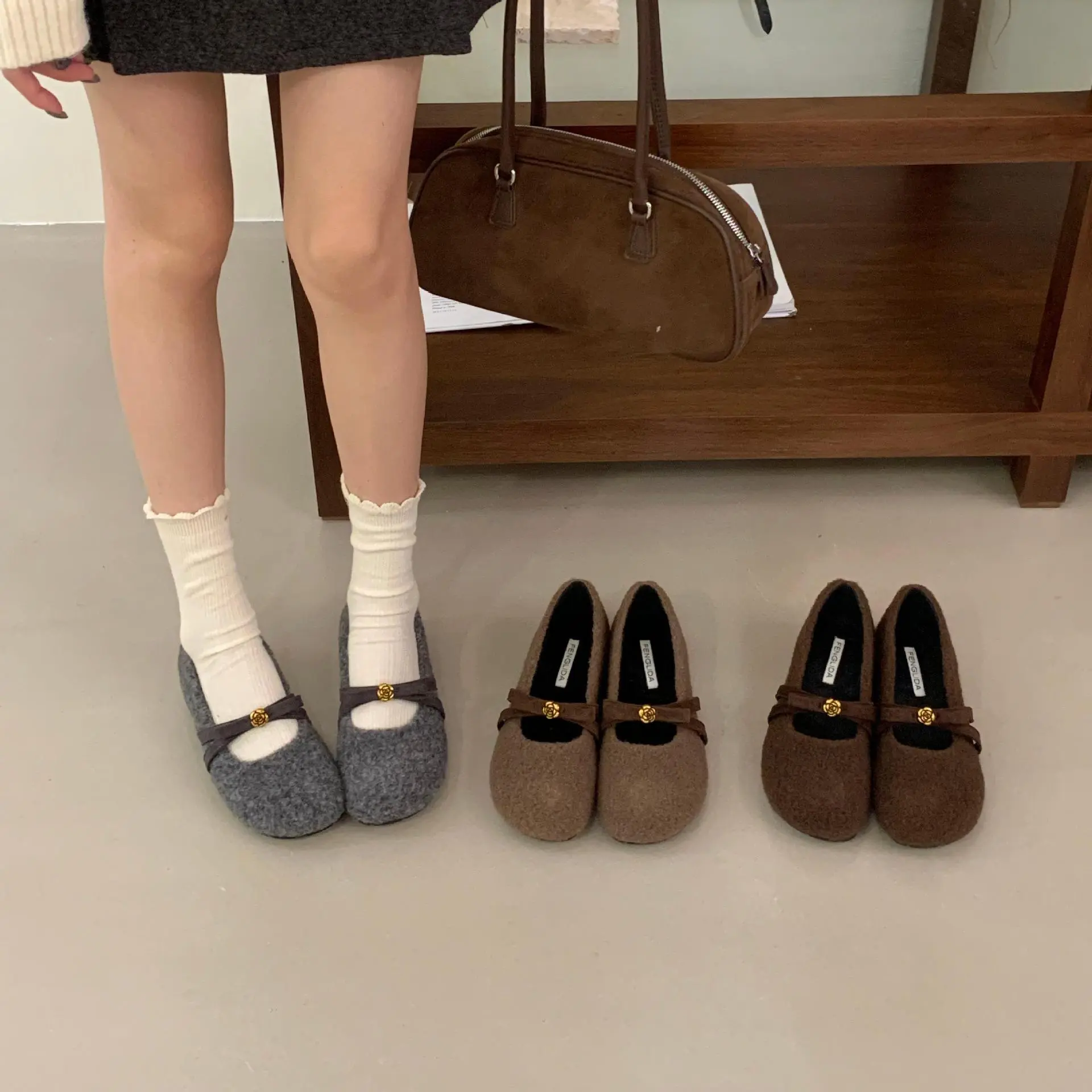 内增高毛绒一字带玛丽珍鞋女2025秋冬新款浅口圆头平底毛毛单鞋女