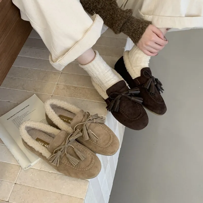 2025时尚复古乐福鞋女流苏蝴蝶结冬季加绒保暖平底豆豆女鞋