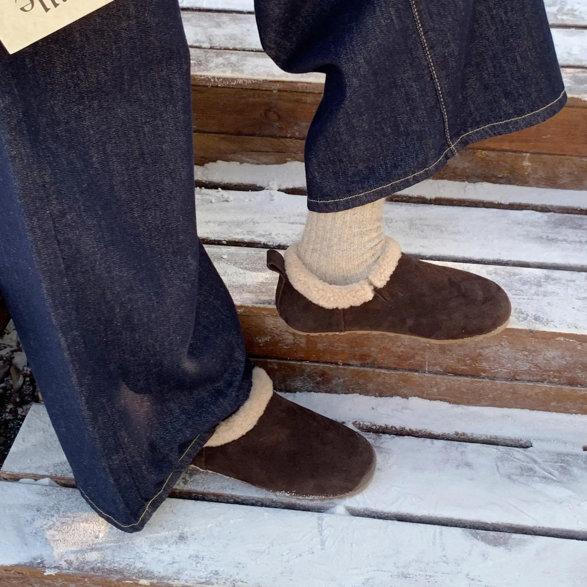 2025冬新款加绒勃肯鞋女磨砂一脚蹬百搭棉鞋复古保暖平底乐福鞋女