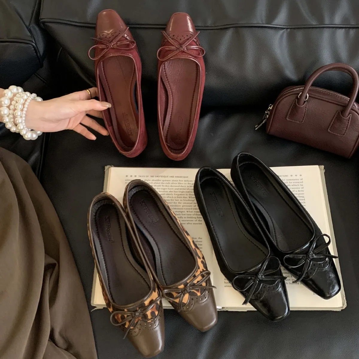 2025秋季新款韩版气质款蝴蝶结方头粗跟软底单鞋