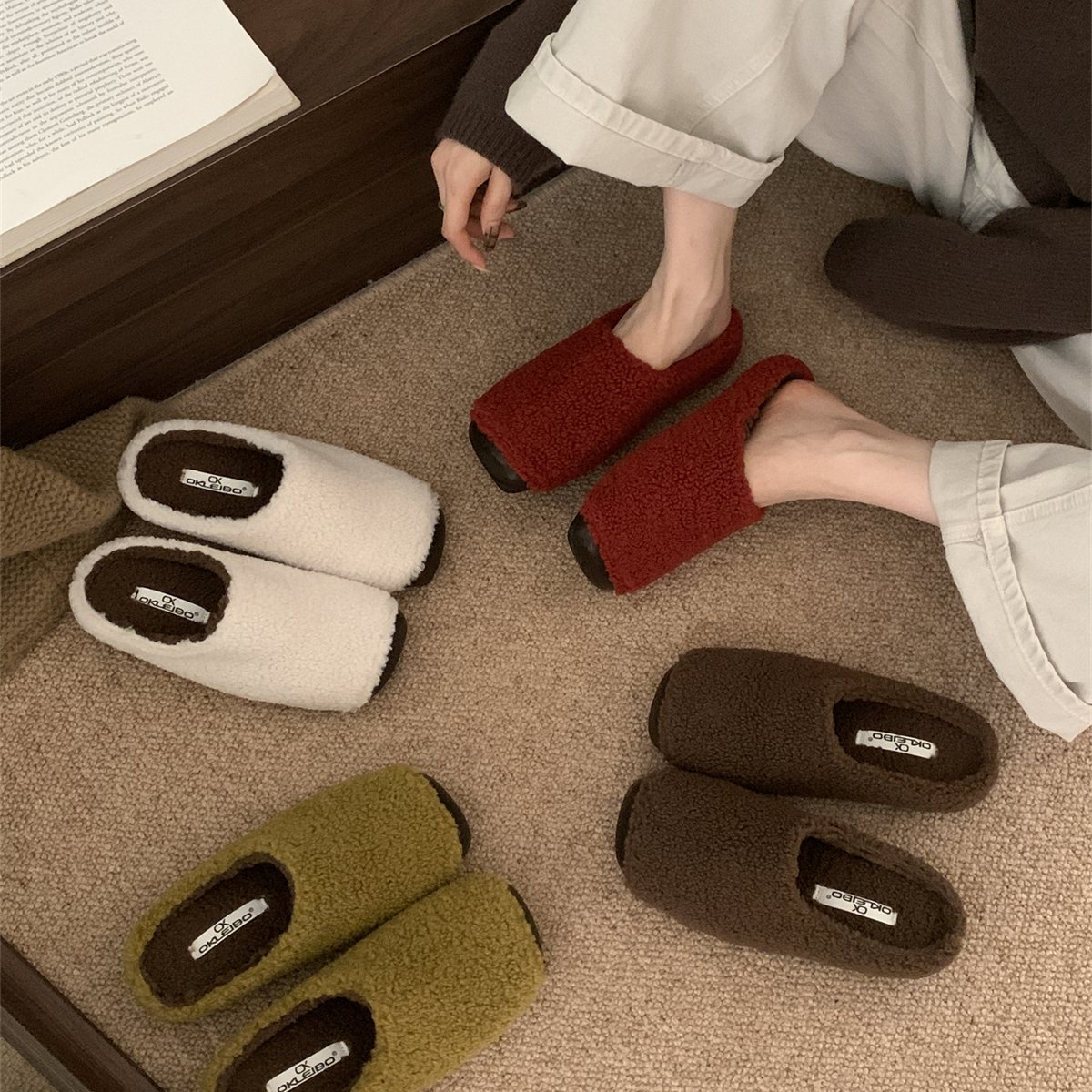 复古羊羔毛加绒毛毛拖鞋女外穿2025新款小香风拼接懒人一脚蹬棉拖