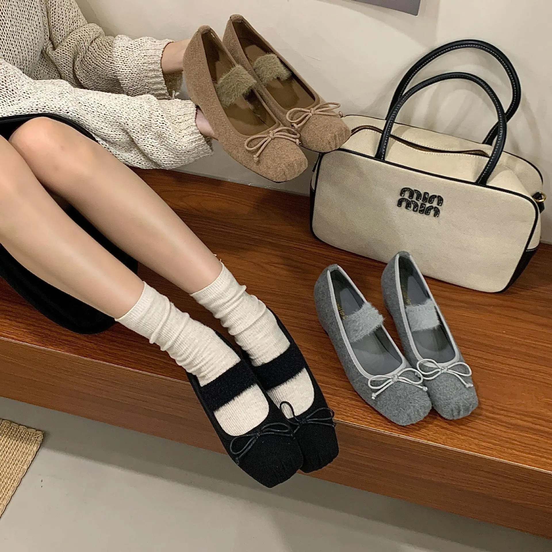 增高5CM蝴蝶结绒面浅口单鞋女2025新款芭蕾风一字带方头玛丽珍鞋