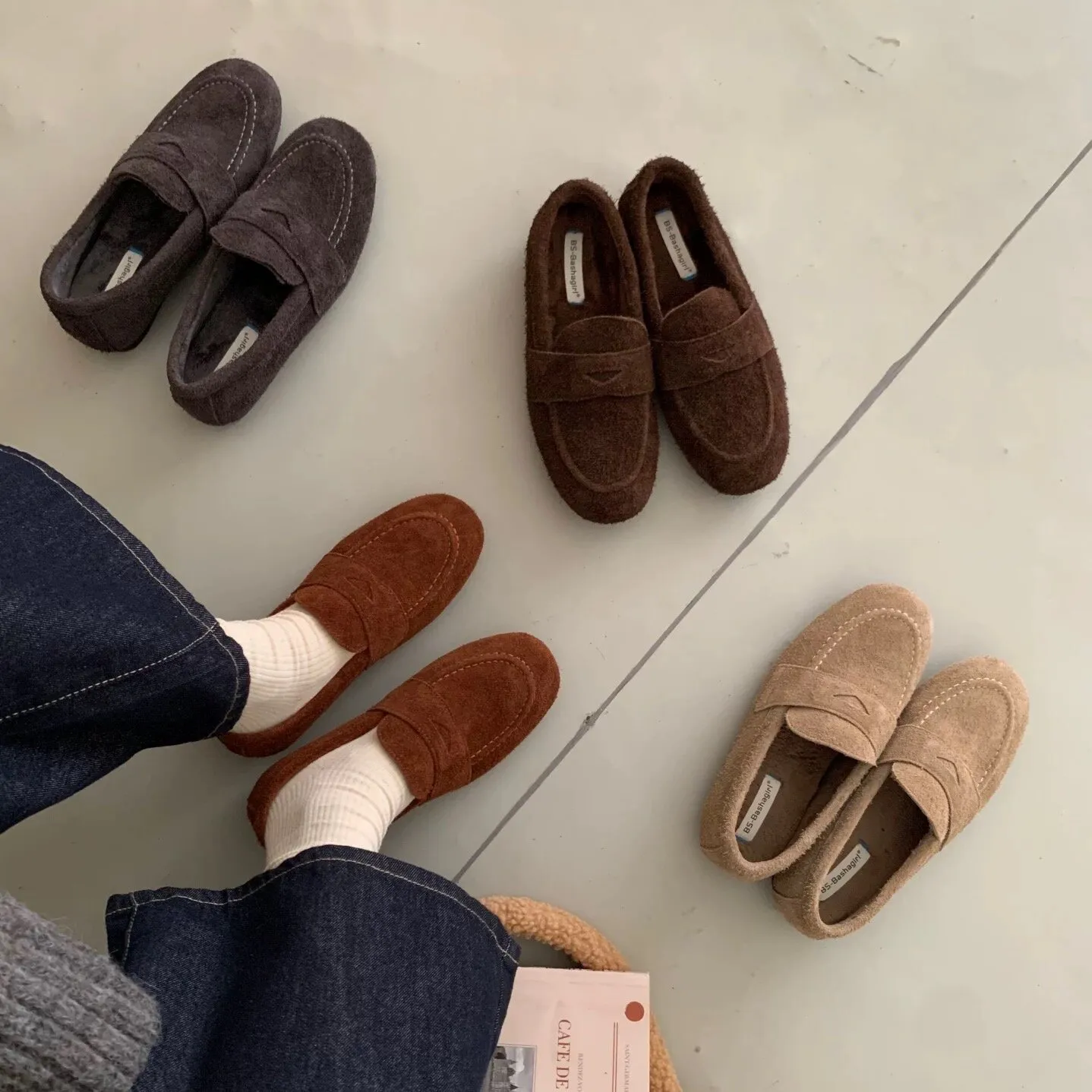 真皮英伦风复古加绒保暖乐福鞋女2025秋冬新款一脚蹬棉鞋深口单鞋