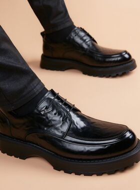 男婚鞋头层牛皮春季新款休闲皮鞋黑色厚底增高真皮男士正装商务皮