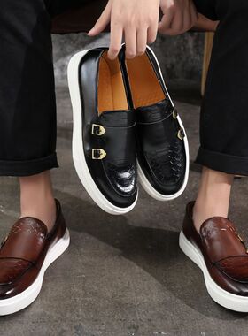 男婚鞋双扣休闲男鞋黑色男士皮鞋一脚蹬孟克僧侣鞋潮流男士厚底增