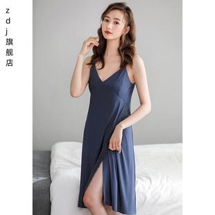 带胸垫睡裙女睡衣夏季 夏天莫代尔棉绸吊带小性感开叉背心冰丝薄款