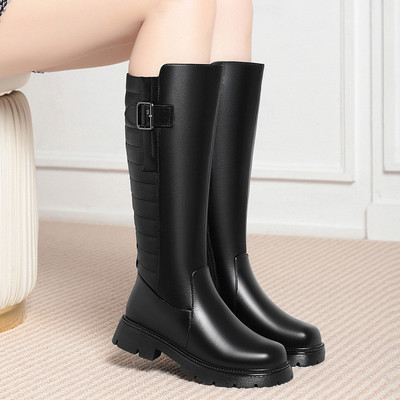 软皮女靴冬季平底棉靴中筒防滑矮