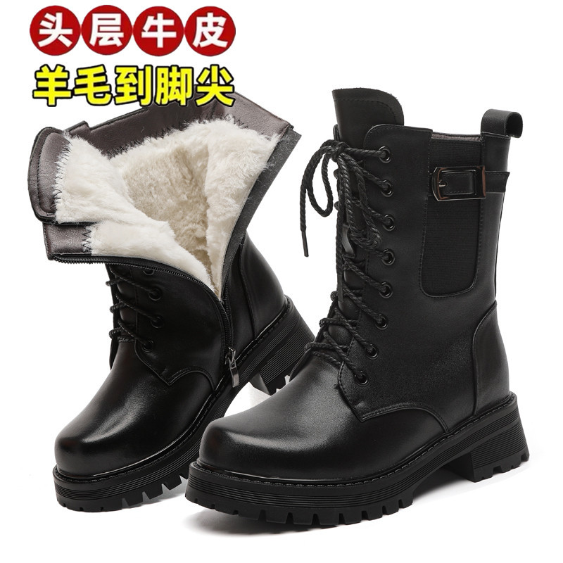 真皮冬季保暖女短靴中跟棉靴粗跟