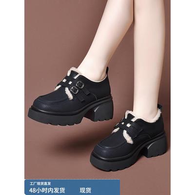 厚底乐福鞋女2025新款冬季加绒女鞋真皮高跟小皮鞋秋冬单鞋毛毛鞋