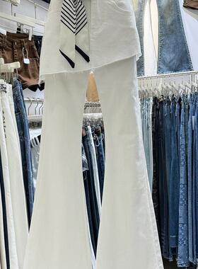 十三行2025秋装覆古港风高腰拼接假两件深蓝色微喇叭裤牛仔裤女