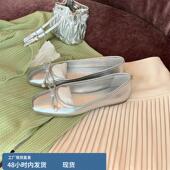 女平底气质浅口软底方头珍珠芭蕾舞玛丽珍鞋 银色单鞋 法式 羊皮版