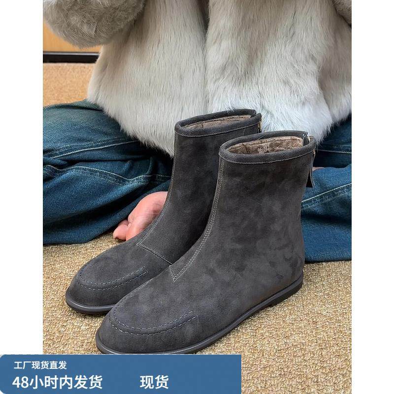羊皮版~真皮韩版圆头平底加绒瘦瘦靴女保暖百搭马丁靴短靴雪地靴