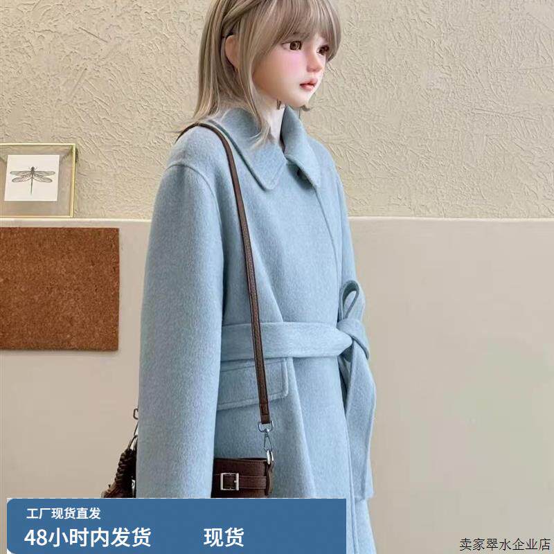 正流行蓝色呢子短款系带大衣2025秋新款毛呢外套赫本风气质小个子