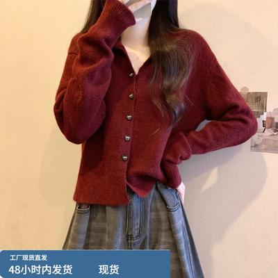 红色翻领毛衣开衫外套女秋冬小个子软糯宽松本命年针织衫短款上衣