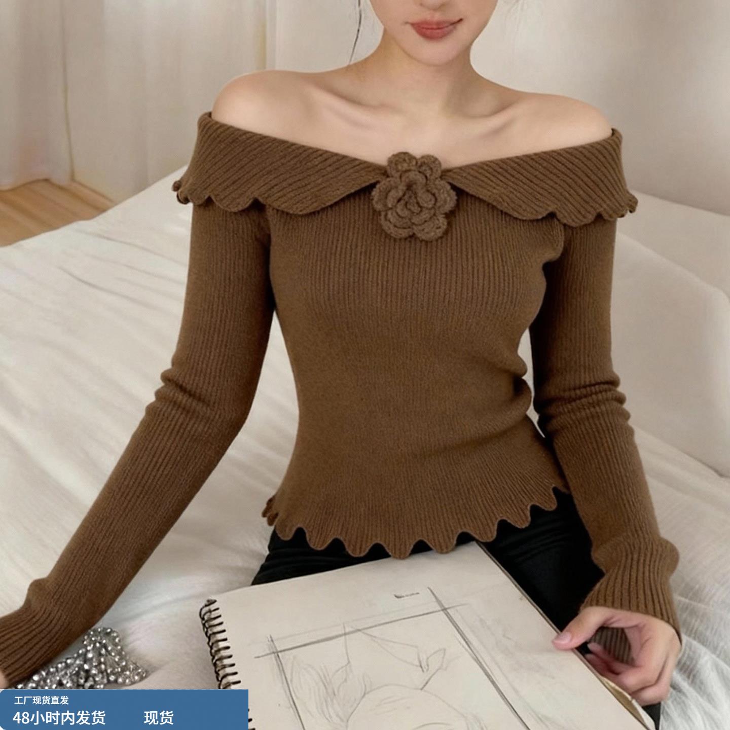 韩版复古一字肩木耳边针织衫女立体花朵装饰显瘦设计感别致毛衣潮