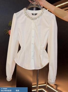 法国社会名流风格重工业热钻石圆领长袖衬衫为妇女秋季新别致的腰