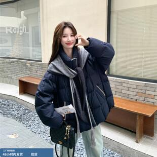 藏蓝色披肩松弛感休闲羽绒服女冬季2025新款90白鸭绒加厚保暖外套