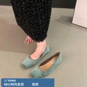 女2025春秋丝绒蝴蝶结温柔晚晚鞋 羊皮版 方头芭蕾舞平底浅口单鞋