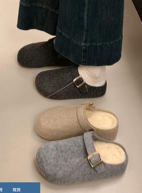 4CM内增高包头半拖毛毛鞋女外穿秋冬新款灰色懒人加绒棉勃肯鞋子