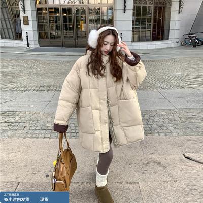 卡其色小个子宽松显瘦连帽羽绒服女冬季2025年新款中长款保暖外套