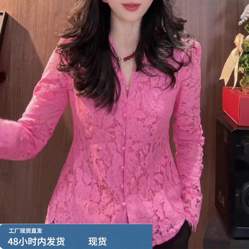 女人味V领长袖蕾丝衬衣女春秋减龄气质遮肉显瘦百搭开衫内搭上衣