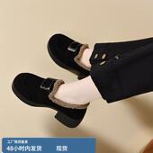 粗跟磨砂鞋 百搭保暖棉鞋 女舒适魔术贴加绒深口单鞋 中跟羊毛乐福鞋