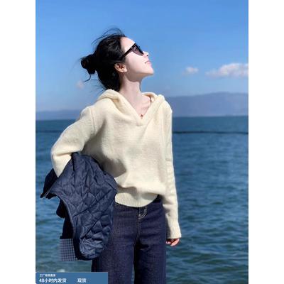 杏白色软糯浣熊绒连帽毛衣女秋冬内搭小个子打底针织衫卫衣上衣